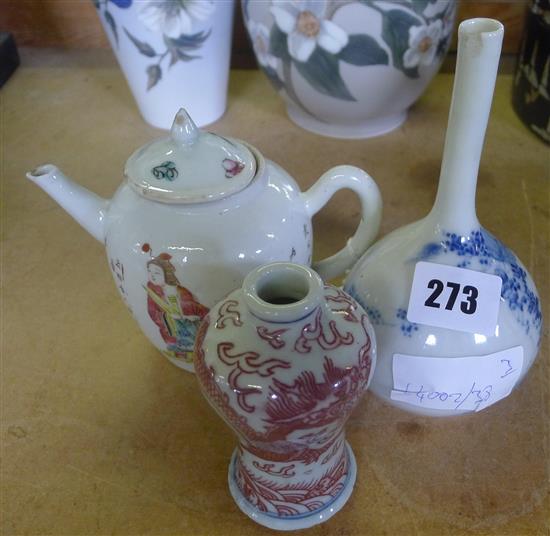 Small chinese teapot with cover, blue and white vase, dragon vase